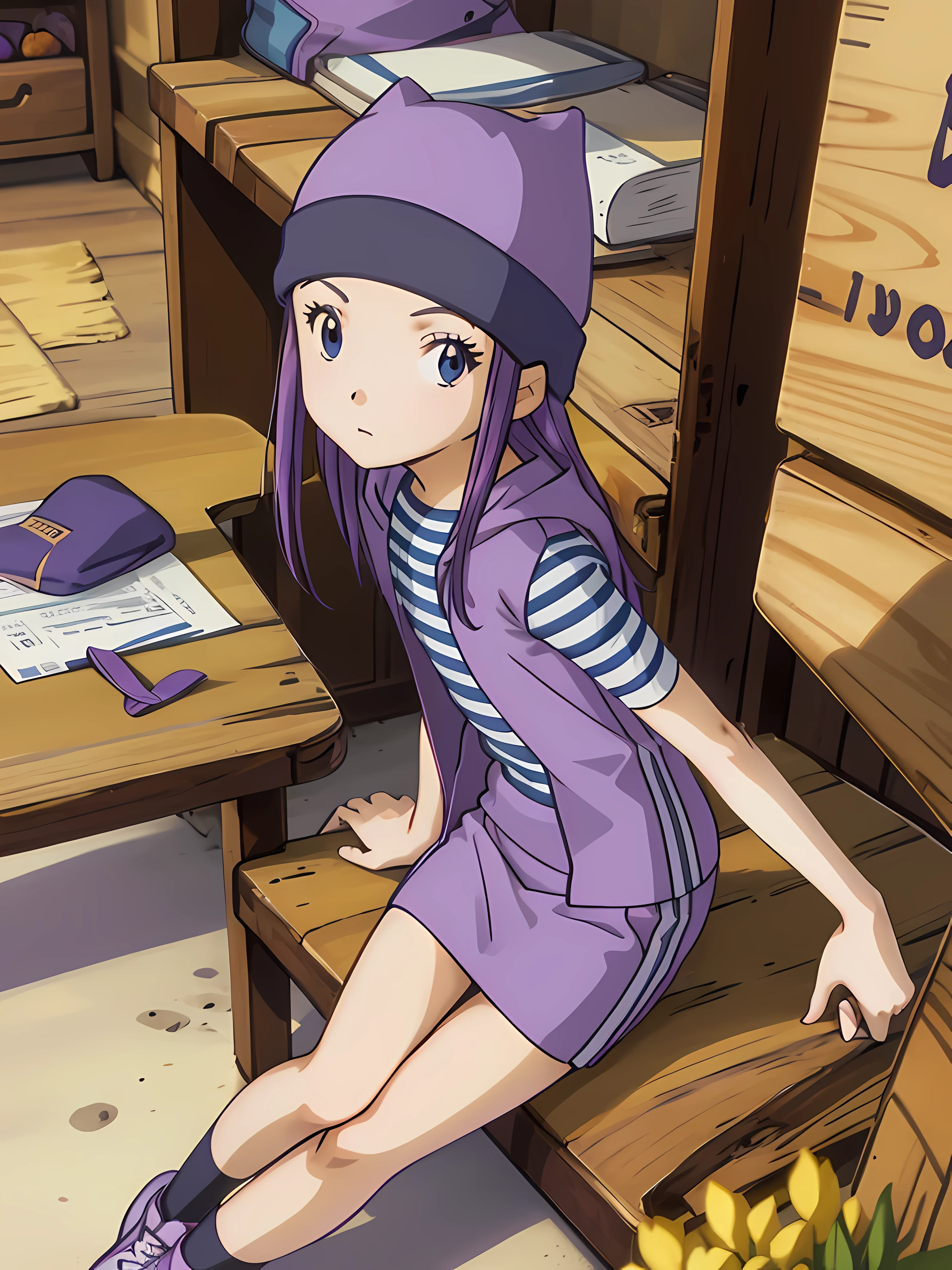 izumi orimoto, blond hair, green eyes, purple beanie, purple vest, purple miniskirt, blue white striped shirt, long purple socks, sneakers, purple vest, striped shirt, beanie, cat hat, BREAK looking at viewer, BREAK indoors, classroom, sitting on table legs spread, medium breast, medium , (masterpiece:1.2), best quality, high resolution, unity 8k wallpaper, (illustration:0.8), (beautiful detailed eyes:1.6), extremely detailed face, perfect lighting, extremely detailed CG, (perfect hands, perfect anatomy),