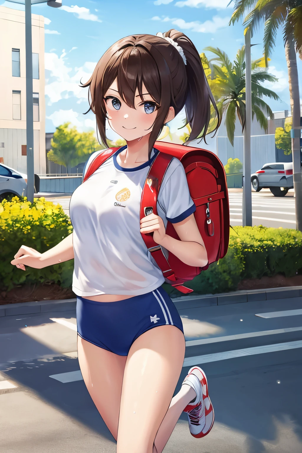 Masterpiece, hd, Best Quality, Hi-Res, 1 Girl, Solo, Medium Breasts, Brown Hair, Dark Blue Eyes, Short Hair, ponytail, Hair Between Eyes, Floating Hair, Sport wear, wear sport wear, minipants, running, running shoes, fullbody, smiling, Sweat, Wet, Slim Body, wearing  randoseru backpack, (randoseru backpack:1.1), daytime, outdoor 