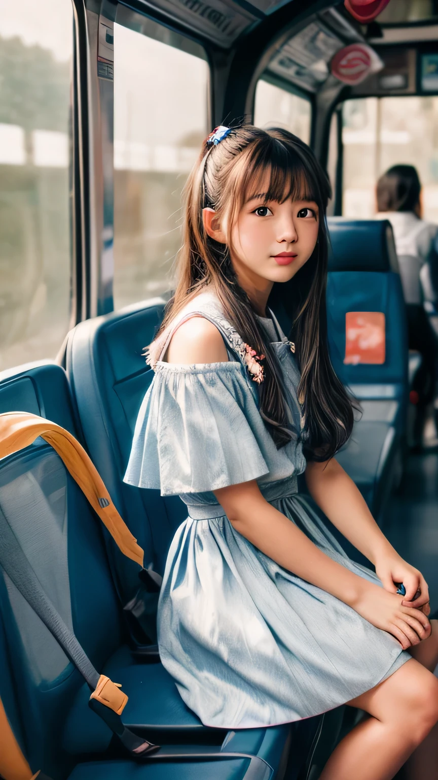 8K, Raw photo, fujifilm, beautiful young woman、On the bus on the way to school (highly detailed skin:1.2) Style - Split Petal
, Colored striped hair, dull bangs, wearing a dress, film grain, 35mm, cute style, cowboy shot, close, Hands between the thighs,A frilled dress with attention to detail