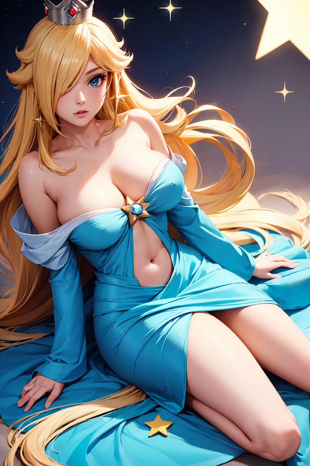 (masterpiece), best quality, expressive eyes, perfect face, highres, 1 girl, solo, rosalina, blonde hair, blue eyes, hair over one eye, long hair, blue dress, crown, dress, earrings, jewelry, princess, robe, bare shoulders, barefoot, star earrings, space, starry background, glowing particles, good illumination, sitting on floor, portrait, looking at the viewer, (breast focus), (Big breasts), (hot cleavage)