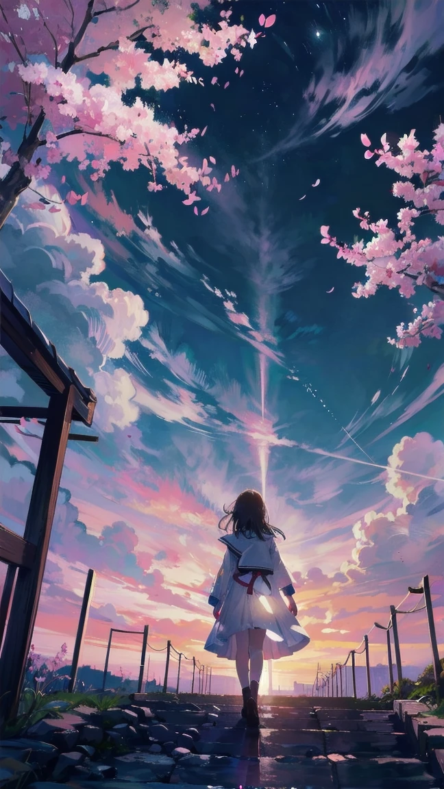 見上げるgirl シーン 1: Shadow of cherry blossoms at dusk A girl standing quietly with the sky behind her, Tinted Blue. 彼女の目の前にそびえ立つのはバベルのtowerと呼ばれる巨大な桜だ. shape, Like piercing the clouds, It'nice'Reaching the sky. girl'視線はCherry treeの頂上に向けられている.. tower, Enveloped in the darkness of the night, Creates a fantastic atmosphere. Cherry treeの表面には複雑な模様が刻まれている.. old-fashioned. girl seemed to sense something deep within the cherry blossoms.. Is it a memory of a classic story?、Or is it a longing for an unknown fantasy world??? Scene 2: Memories of the starry sky: Countless stars twinkle in the night sky、少女はtowerの頂上に立つ. At her feet, The city lights shine like jewels. girl ,takes a deep breath. 夜風の匂いとtowerの古い匂いが混じる. girl'A famous story played out in my head.. girl read a story of adventure and friendship.。 . The main character of the story, girlのように, バベルのtowerに登りました. There, She met her friends、Overcoming various difficulties. one day、The girl had a dream。, Like the main character, I'Go on an adventure. Scene 3: 朝焼けの約束 朝日の光がtowerを照らす頃、少女はtowerを出た. Please think back, towerは朝日に輝いて神々It even seemed. 少女はいつかまたこのtowerに登ると決めた. And she, She vows to tell the rest of the story. step by step, girl walked into the future,Cherry tree,Scattering cherry blossoms,face close up,looking at me,meteor,sitting