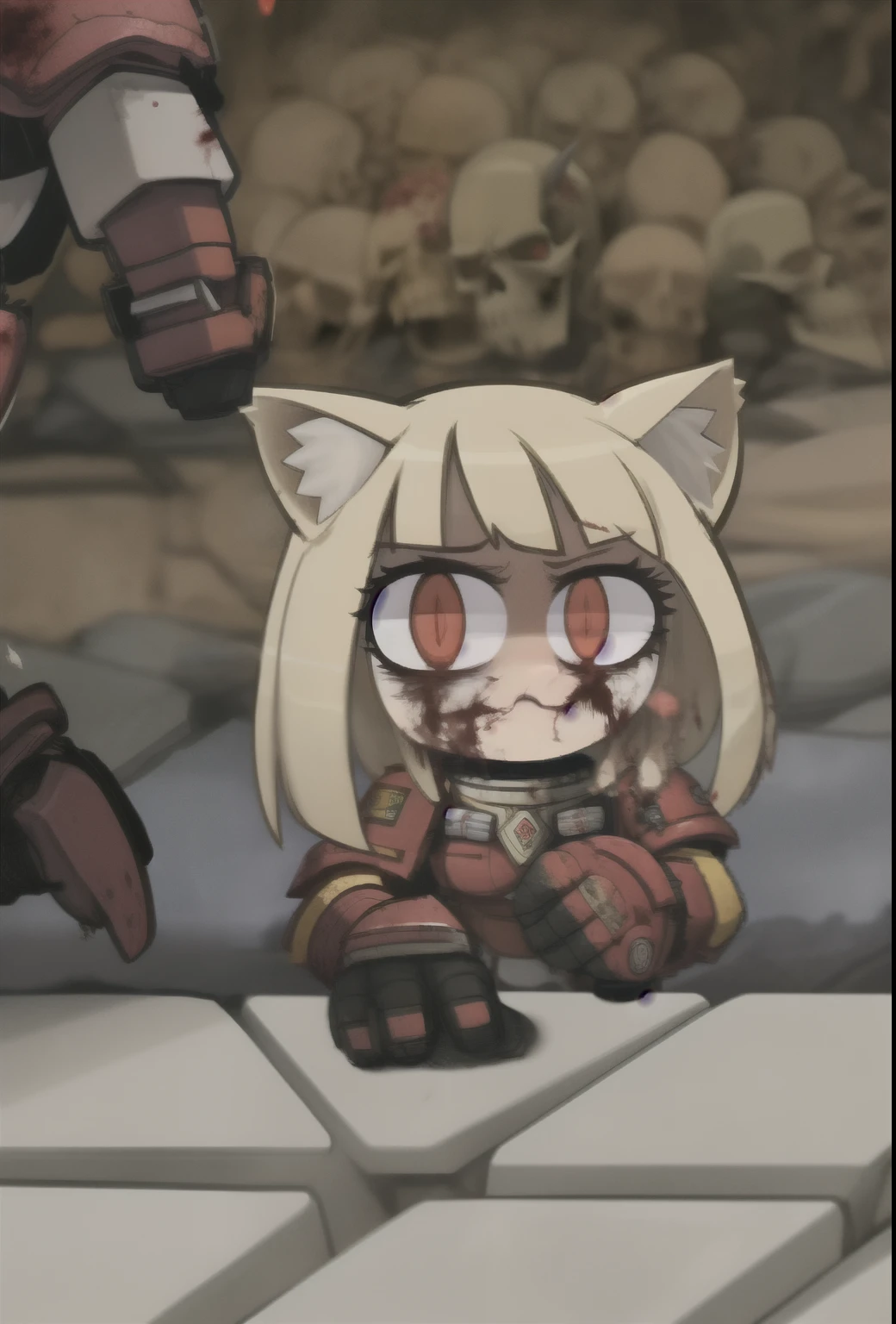 (Best Quality), (4K Resolution: 1.2), (Clear Focus 1:0), (power armor 1.5), (solo 1.2), (neco-arc), cat ears, (slit pupils 1.5), (red eyes 1.5), young khornate berzerker covered in blood, blood on face, blood on armor, battlefield, pile of skulls, full shot,