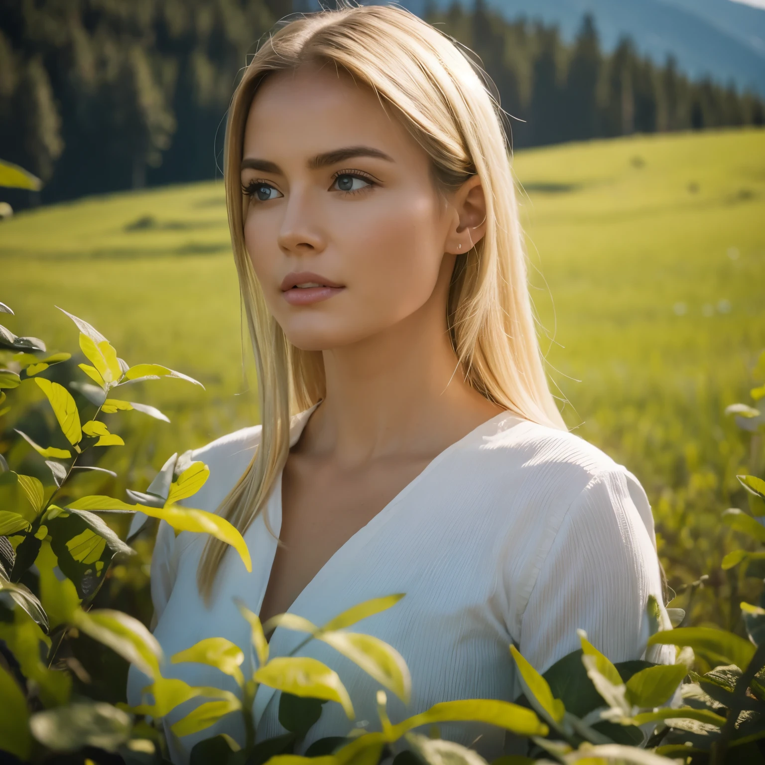 Hyperrealistic action scene., in which a beautiful 40-year-old blonde carefully studies the flora and fauna of Altai "Adds extremely precise details to plants., animales, And the girl&#39;s surprised expression.&#39;la cara, 8K, cinematic light, foto realista, renderizado de octanaje, centrado, obra maestra, 35mm,