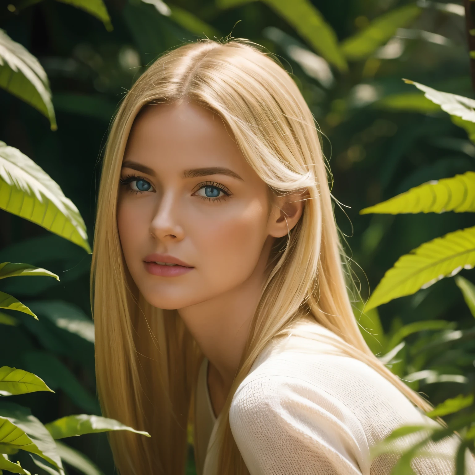 Hyperrealistic action scene., in which a beautiful 40-year-old blonde carefully studies the flora and fauna of Altai "Adds extremely precise details to plants., animales, And the girl&#39;s surprised expression.&#39;la cara, 8K, cinematic light, foto realista, renderizado de octanaje, centrado, obra maestra, 35mm,