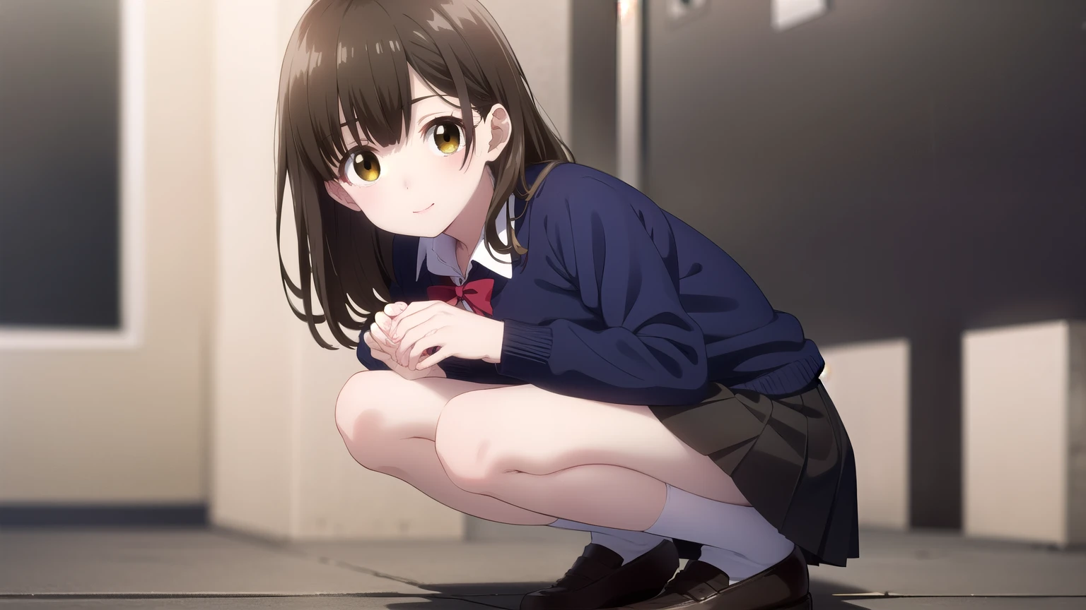 sayuogiwara, Sayu Ogiwara, brown hair, (brown eyes:1.5), medium hair, break , bow, red bow, long sleeve, sweater, shirt, collared shirt, white shirt, skirt, pleated skirt, black skirt, socks, brown sweater, break looking at viewer, whole body, break{Japanese high school girl uniform},{{Akihabara downtown}},{{{{whole body}}}},(((genital hair))), NSFW, (((pubic hair))),（smile）、（Toe-to-toe）、Pee,(((pubic hair))),（smile）、{{{Toe-to-toe}}}、squat、Pee、パンツを脱いでPeeをする,ミニskirt、股間見えてる break (masterpiece:1.2), highest quality, High resolution, unity 8k wallpaper, (shape:0.8), (beautiful and detailed eyes:1.6), highly detailed face, perfect lighting, Very detailed CG, (perfect hands, perfect anatomy),