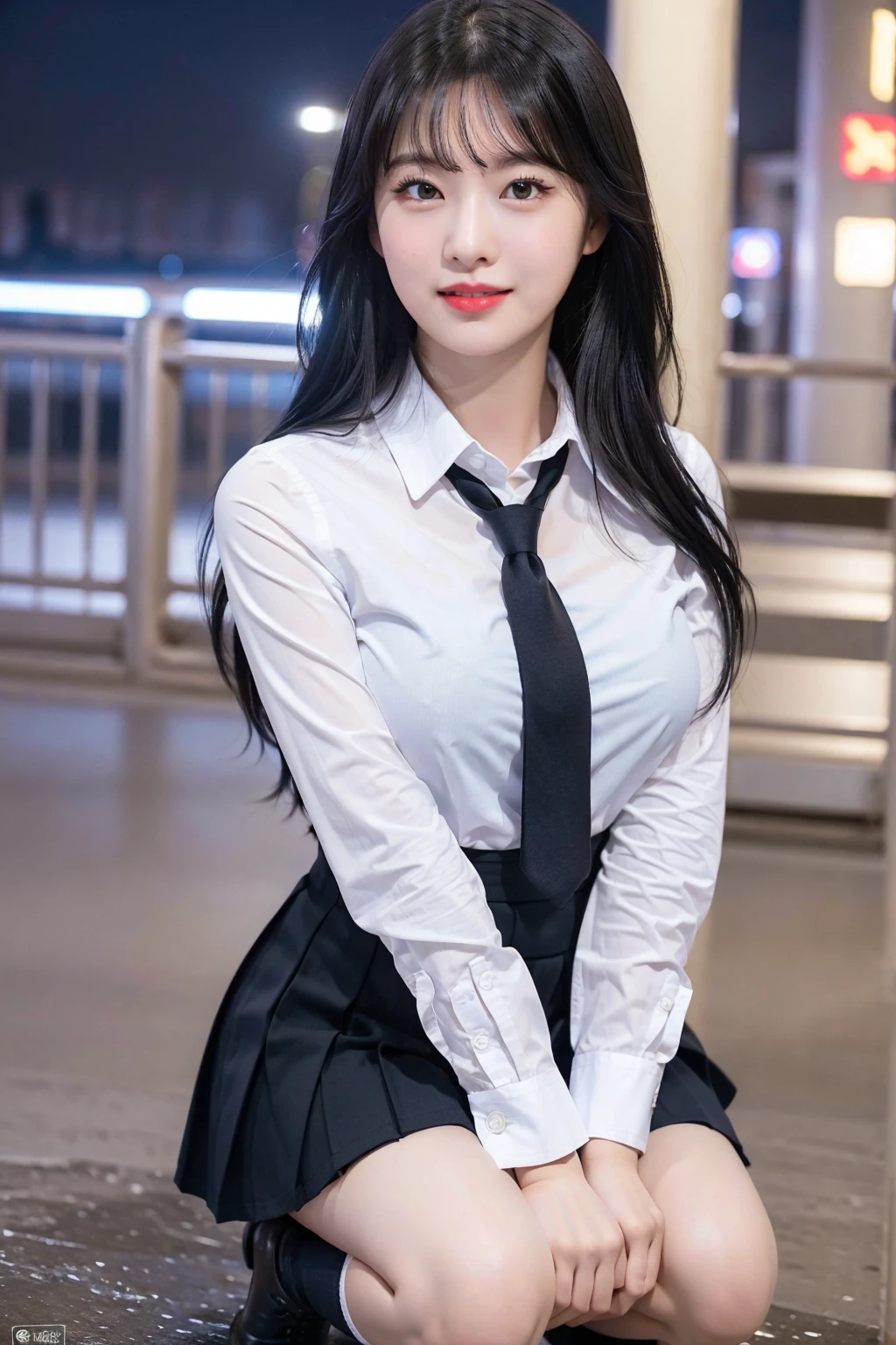 (8K), (highest quality: 1.2), (realistic), (realistic: 1.37), ultra high resolution, (1 girl, cute, smile, closed mouth, thick lips,red lip,beautiful details, beautiful nose, (straight black hair), giant dulcefo, self snap,(school uniform),white shirt,tie,pleated skirt,(knee high socks),Squatting in the city at night, From above,close up of face,