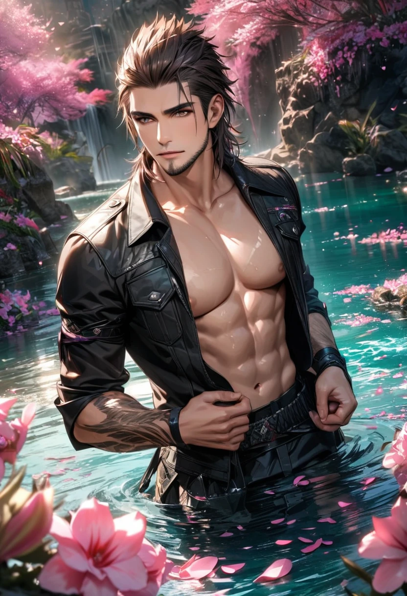 absurdres, highres, ultra detailed, HDR, master piece, best quality, Gladiolus, Final Fantasy xv, dark brown hair, vibrant brown eyes, black jacket, showing the chest, 1man, handsome, water, pink petals, pink butterflies, pink flowers