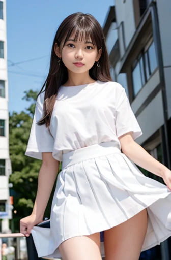 best quality, detailed, beautiful, insanely detailed, absurdres,perfect anatomy,
Japanese woman,black hair,27 years old,
(slender),
(small breasts),
street, delightful, smiling, standing, legs spread, looking at viewer, hair covering eyes, light red dress, white Scanty,(skirt lift:1.3),(white pantie:1.1), showing off pantie,cameltoe:1.3, japanese, in the city, (View from below:1.3)