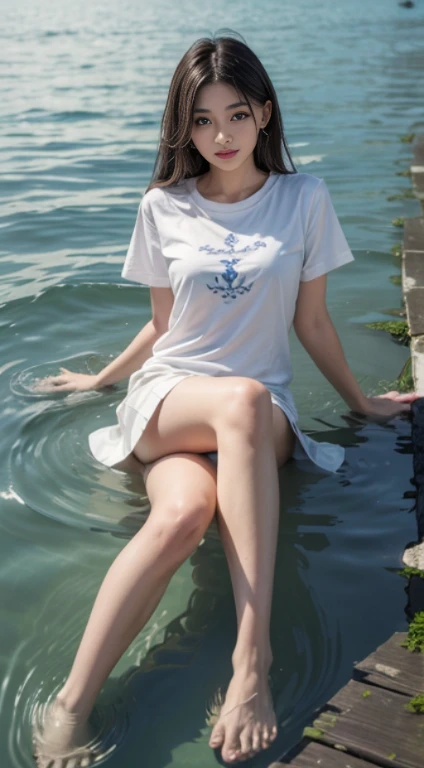 (16k, 最high quality, masterpiece, fidelity :1.2), 1 nice woman，（ （（（繊細なadorable顔，Good feature scale）））） , delicate makeup，put on makeup，gentle features，（素敵でbeautiful），adorable，（cute expression），（beautiful, fine eyes,eyes are large and round）， (Perfect finger proportions，very detailed, ultra hd realistic fingers), (perfect body: 1.1),the biggest，[[[[[[[[[[[deep cleavage]]]]]]]]]]], The proportions of the legs are perfect,very thin legs， beautiful,  Sexy Small Lips，Close your lips，beautiful and delicate lips tightly closed，smile slightly，（shut up. shut up. "Be quiet."：1.3），Casual long hair, smooth skin, full body photo, (Super realistic, On one side is the endless sea，On one side, half of the body is submerged in water.: 1.4), sailor shirt, short skirt，Color is optional,He looked me straight in the eye, ultra hd, high quality, 最high quality, High resolution, 16k