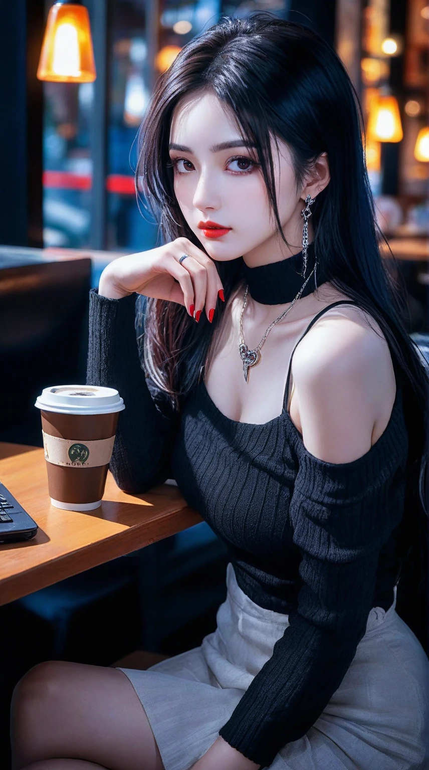 there is a woman sitting at a table with a cup of coffee, mysterious coffee shop girl, trending on cgstation, trending at cgstation, seductive tifa lockhart portrait, anime style mixed with fujifilm, by Yang J, cruel korean goth girl, with long hair and piercing eyes, tifa lockhart, anime girl cosplay, tifa, captured on canon eos r 6