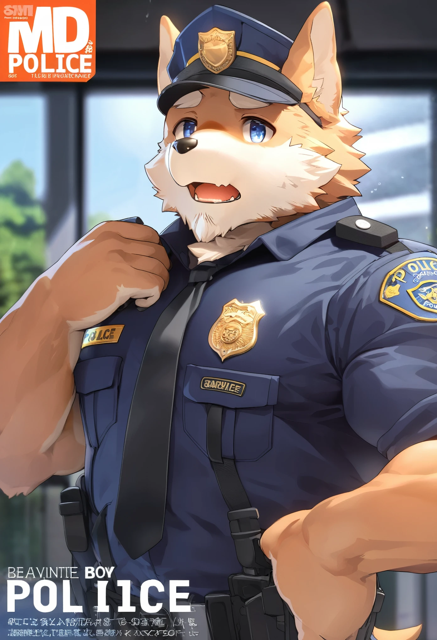 top quality, best quality, super high resolution, detailed background, magazine cover(highly detailed beautiful face and eyes)absurdres, perfect anatomy((angelic nice 1boy, kemono, solo focus, muscle man, beard))(((furry)))(furry anthro:1.7)((((Furry body, dog facial features, dog body features))))((very detailed body fur))full body(dignified)police officer, SWAT, street, muscle, facial hair, volumetric lighting, depth of field, gasping for air, raised crotch, black clothes, ((black police uniform)) shirt,