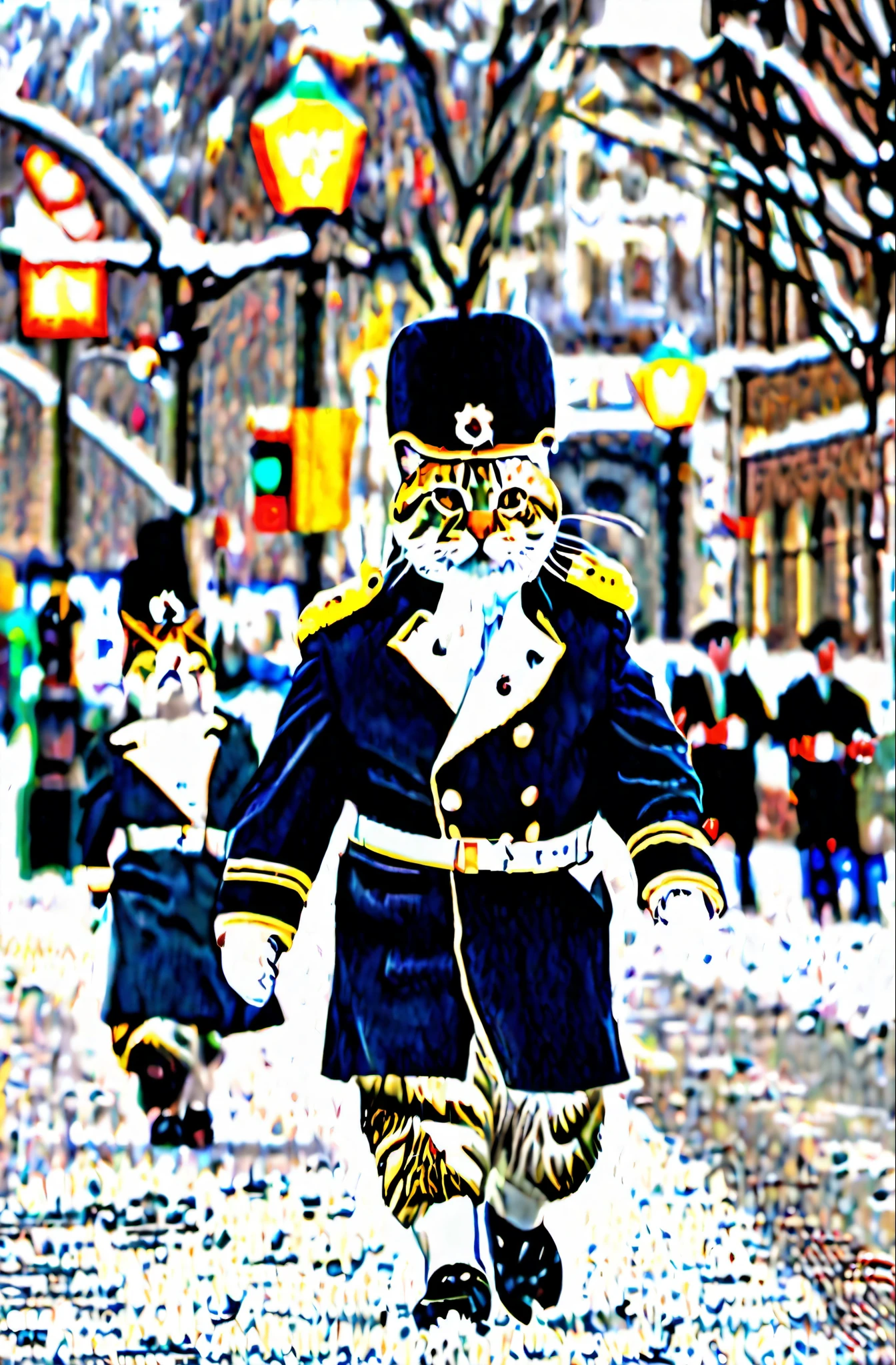 ASCIIfull body, ((fat cats in winter hats, in winter military uniforms, marching, winter royal square)), ((glow)) hyper-detail, hyper-realism, cinematic, action-packed background, (bokeh effect), falling snows,