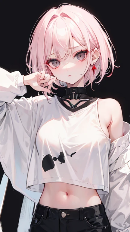 full body figure、black eyes、short hair、mullet hairstyle girl、asymmetrical bangs、Light cream pink hair、messy hair、wavy hair、white oversized t-shirt、shorts、slender body、low length、dark makeup、Highlighted red eyeshadow、Bright, dark eyeliner、Enhanced long eyelashes、droopy eyes、black eyes、Weakened eyes、slender、small breasts、delicate body、earrings、red lip、