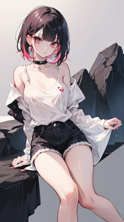 full body figure、black eyes、short hair、mullet hairstyle girl、asymmetrical bangs、Light cream pink hair、messy hair、wavy hair、white oversized t-shirt、shorts、slender body、low length、dark makeup、Highlighted red eyeshadow、Bright, dark eyeliner、Enhanced long eyelashes、droopy eyes、black eyes、Weakened eyes、slender、small breasts、delicate body、earrings、red lip、