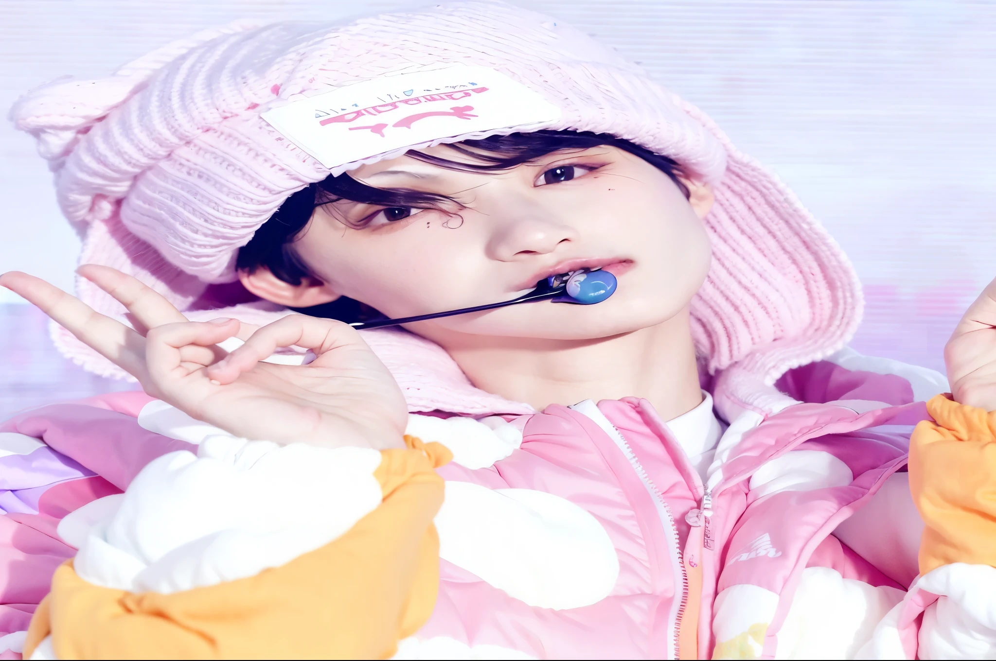 Araffe con un sombrero rosa y una chaqueta rosa., kim doyoung, pale korean adorable face, Cai Xu Kun, kim taejin, Hong June Hyung, inspirado en Kun Can, yoongi de pelo negro, jungkook, with the index finger, Mirada inocente, hyung tae, jinyoung shin, sakimichan, yanjun chengt, inspirado en Bian Shoumin