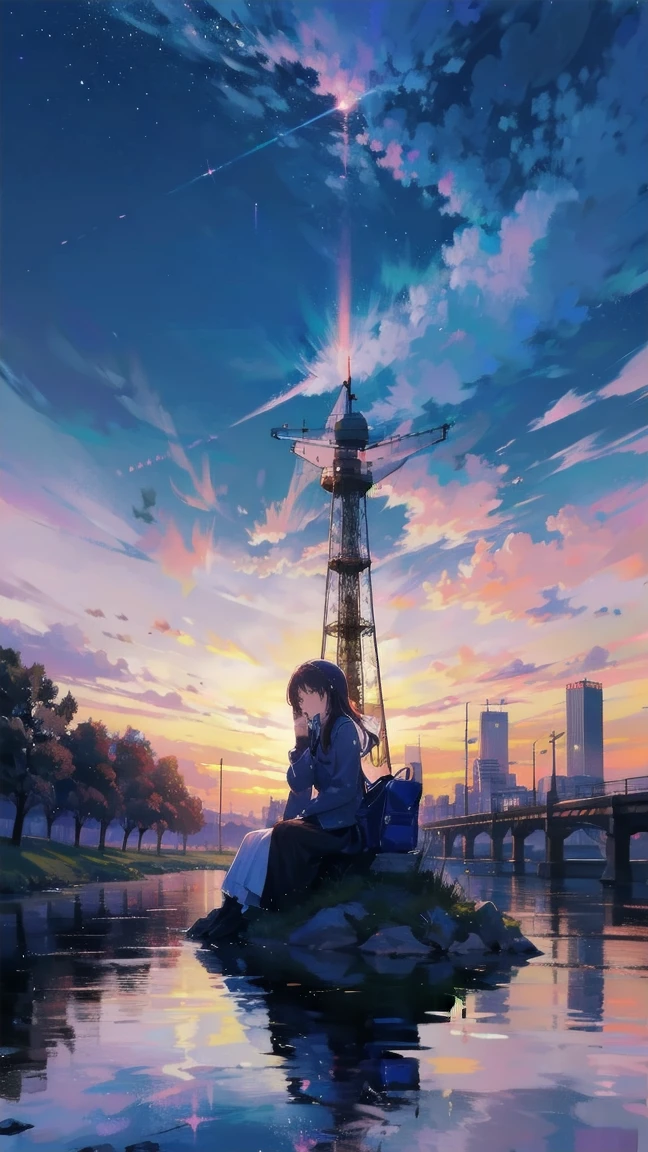 見上げるgirl シーン 1: Shadow of cherry blossoms at dusk A girl standing quietly with the sky behind her, Tinted Blue. 彼女の目の前にそびえ立つのはバベルのtowerと呼ばれる巨大な桜だ. shape, Like piercing the clouds, It&#39;nice&#39;Reaching the sky. girl&#39;視線はCherry treeの頂上に向けられている.. tower, Enveloped in the darkness of the night, Creates a fantastic atmosphere. Cherry treeの表面には複雑な模様が刻まれている.. old-fashioned. girl seemed to sense something deep within the cherry blossoms.. Is it a memory of a classic story?、Or is it a longing for an unknown fantasy world??? Scene 2: Memories of the starry sky: Countless stars twinkle in the night sky、少女はtowerの頂上に立つ. At her feet, The city lights shine like jewels. girl ,takes a deep breath. 夜風の匂いとtowerの古い匂いが混じる. girl&#39;A famous story played out in my head.. girl read a story of adventure and friendship.。 . The main character of the story, girlのように, バベルのtowerに登りました. There, She met her friends、Overcoming various difficulties. one day、The girl had a dream。, Like the main character, I&#39;Go on an adventure. Scene 3: 朝焼けの約束 朝日の光がtowerを照らす頃、少女はtowerを出た. Please think back, towerは朝日に輝いて神々It even seemed. 少女はいつかまたこのtowerに登ると決めた. And she, She vows to tell the rest of the story. step by step, girl walked into the future,Cherry tree,Scattering cherry blossoms,face close up,looking at me,meteor,sitting
