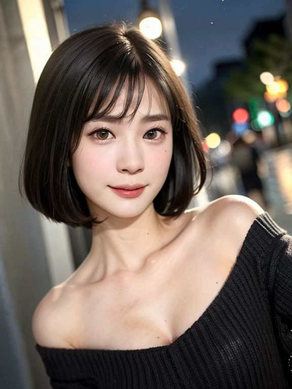 (kawaii 24 year-old Japanese girl, Nogizaka idol, Korean idol), (glossy black hair, pixie cut:1.3), (rounded face, single eyelid, no makeup, soft smiling:1.2), forehead, (wearing off-shoulder knitted sweater:1.3), (well shaped extra small breasts), (looking at viewer:1.2), BREAK, (at night street in downtown background:1.3), (dynamic angle:1.3), BREAK, (masterpiece, best quality, photo realistic, official art:1.4), (UHD, 8K quality wallpaper, high resolution, raw photo, film grain:1.2), (shiny skin), professional lighting, physically based rendering, award winning, (perfect anatomy, highly detailed skin textures, extremely detailed face and eyes, well drawn glittering pupils), Carl Zeiss 85 mm F/1.4, depth of field, 1girl, solo,