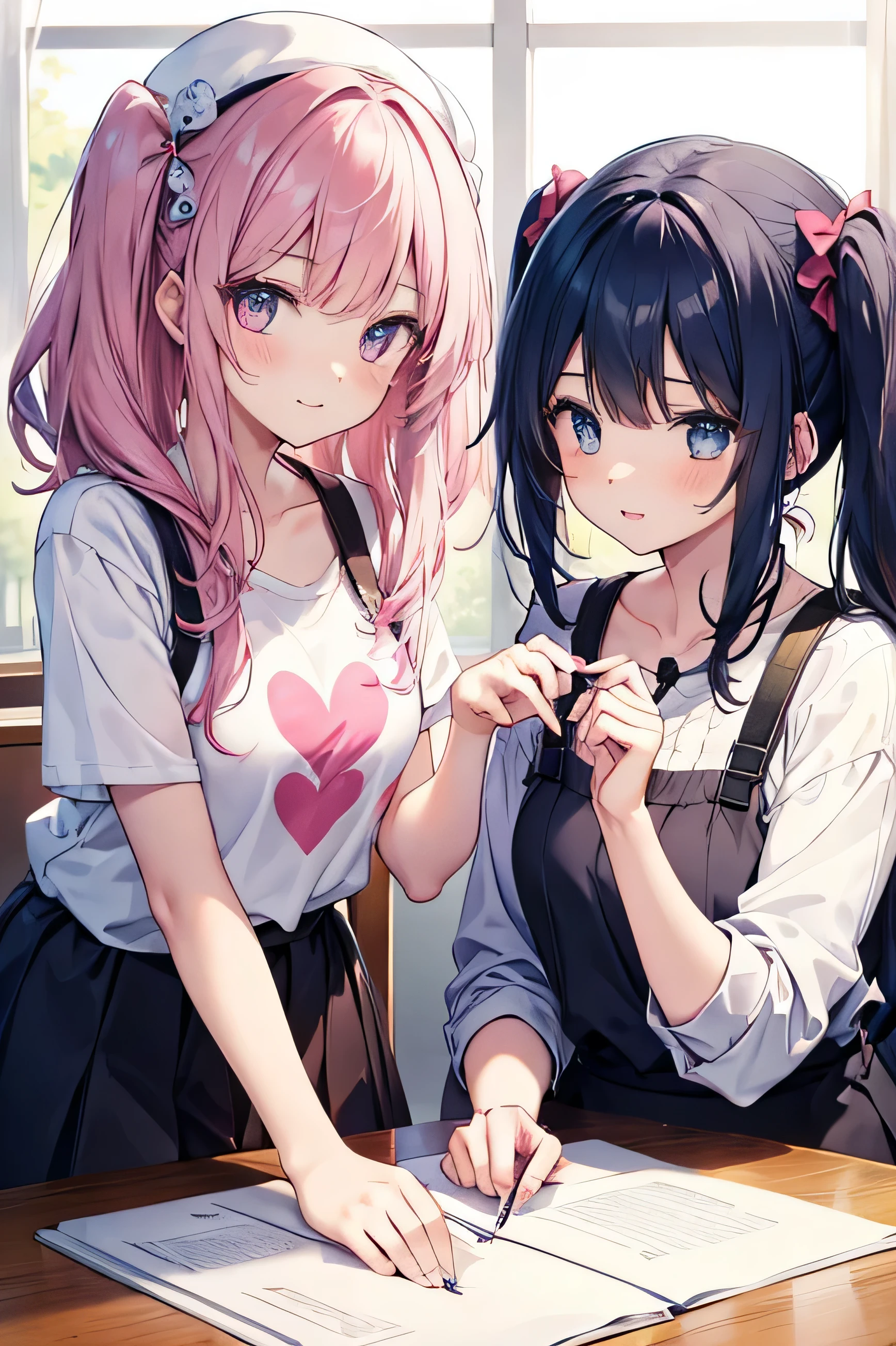 girls couple making a heart symbol by hand