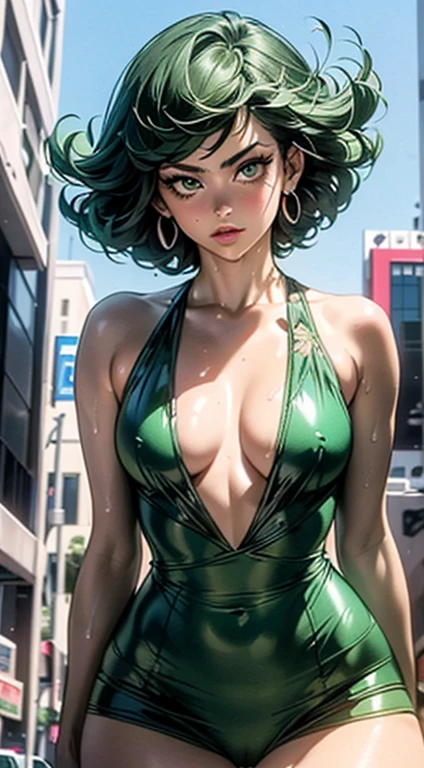 (((1girl))),((extremely cute and beautiful green curly-haired girl)), (short breasts:1.4),big butt,(((green curly hair:1.35,very curly hair,colored inner hair,ear breathing,short hair))),(((green_eyes:1.3))),intricate eyes,beautiful detailed eyes,symmetrical eyes,big eyes:1.3,((fat)),(((lustrous skin:1.5,bright skin: 1.5,skin tanned,shiny skin,very shiny skin,shiny body,plastic glitter skin,exaggerated shiny skin,illuminated skin,wet legs))),detailed body,(detailed face), cute,slutty,seductive,erotic,(((nsfw))), zettai ryouiki,revealing clothing,show skin,((rave mini-skirt,visible thong straps,white loose tank top with an anime art print)),((wet clothes,intricate outfit,intricate clothes)), (dynamic pose:1.0),embarrassed,(centered,scale to fit dimensions,Rule of thirds), scenery:1.25, artistic photography,(photography taken by sldr),highres, sharp focus, (ultra detailed, extremely detailed), (photorealistic artwork:1.37),(extremely detailed CG unity 8k wallpaper),((synthwave background theme)),(((vibrant colors))),(intricate background),(masterpiece),(best quality),