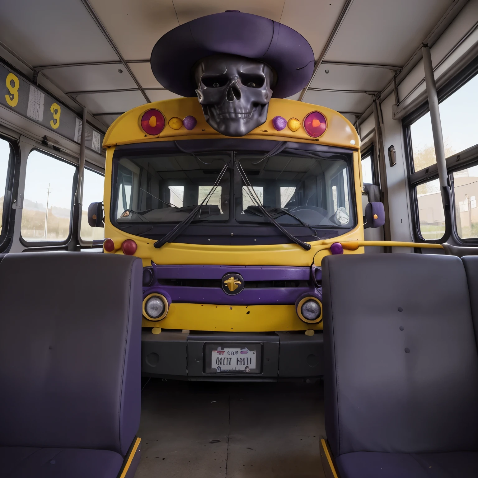 Generate a school bus, color morado, that on the outer front part it has the decoration of the face of The Shadow Man with a skull face, cosa de que la parte de los ojos vaya en la ventanilla para que pueda ver el conductor y el copiloto; the hat that looks like the bus is wearing it