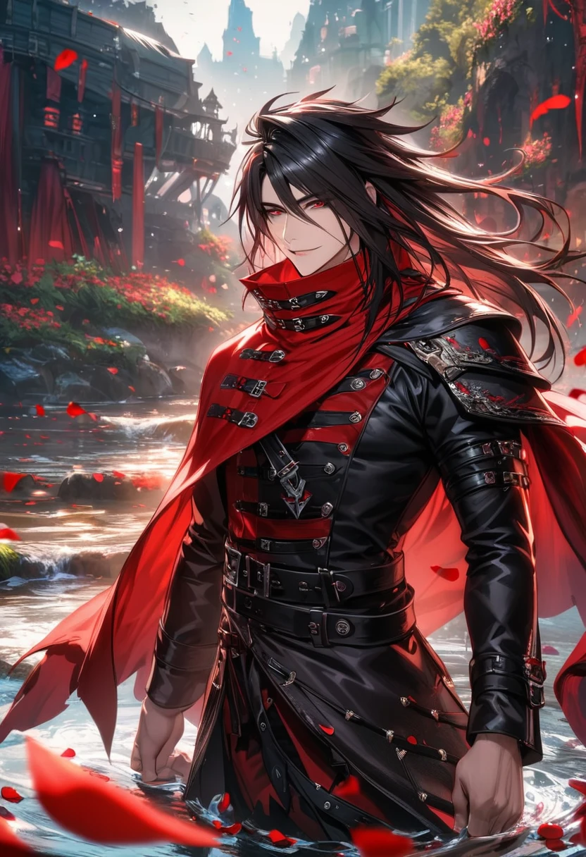 Ultra detailed, highres, absurdres, HDR, Vincent Valentine, black hair, red eyes, Final Fantasy dirge of cerberus, 1 man only, handsome, water, flowers and red petals, black leather clothes, red cape,