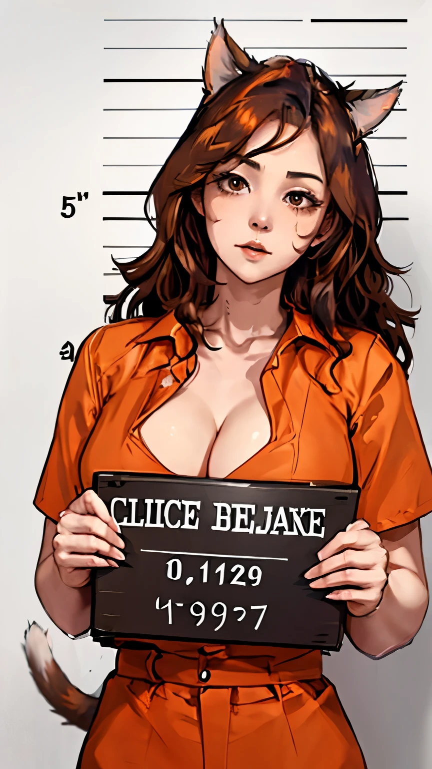 highest quality、masterpiece、detailed face、Orange binder、mug shot、Height Chart、holding a sign board、prisoner uniform、huge breasts、cleavage、Cat ear、wavy brown hair、