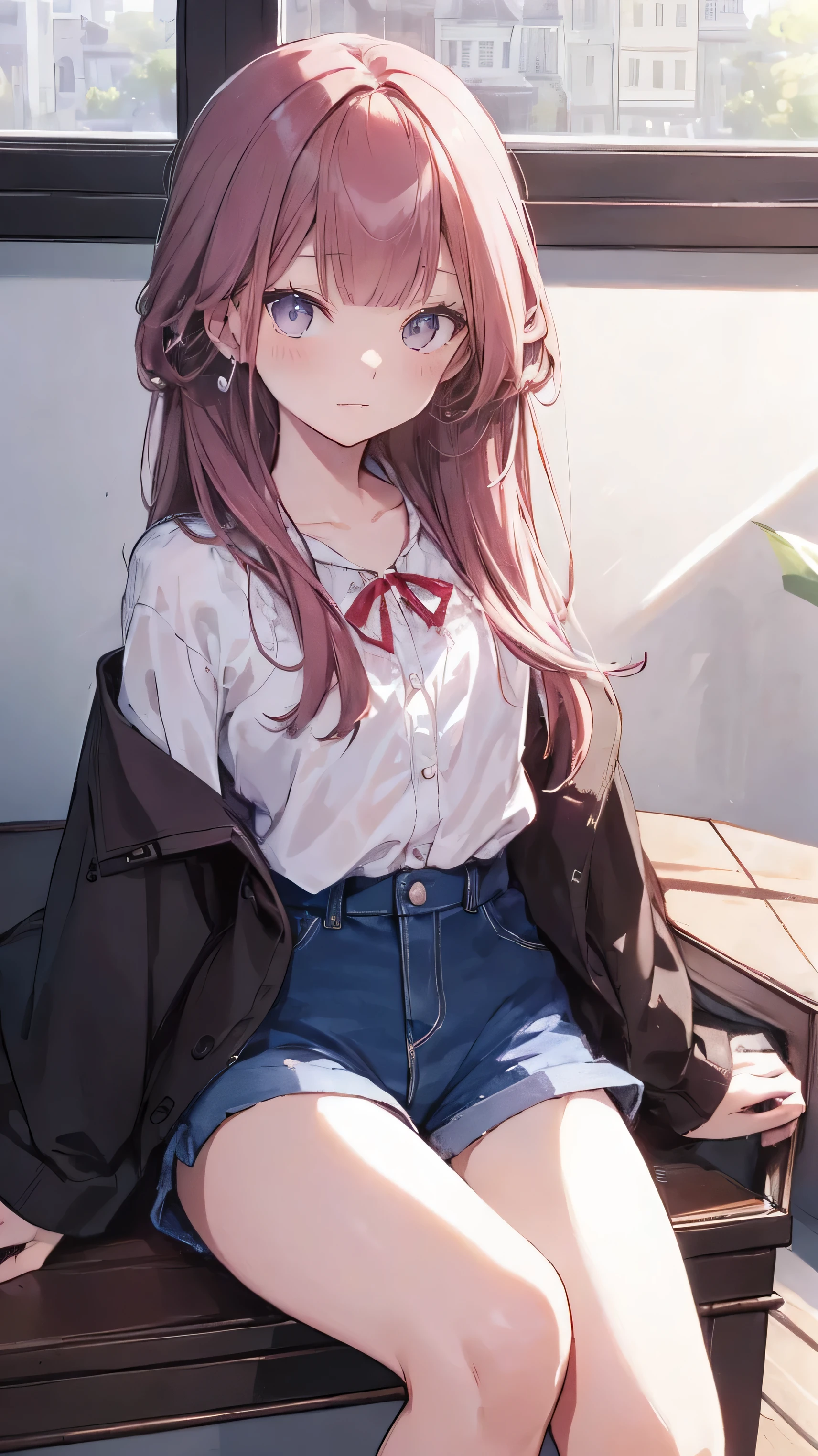 master piece、Highest image quality、highest quality、 ((panic))、glossy hair quality、small face、sitting、Super detailed and beautiful bright eyes、Super detailed clear and beautiful face、(cute illustration:1.2), High-resolution, ultra-detailed, best quality, embarrassed、(Gaps in shorts).(Cute underwear that can be seen at a glance)