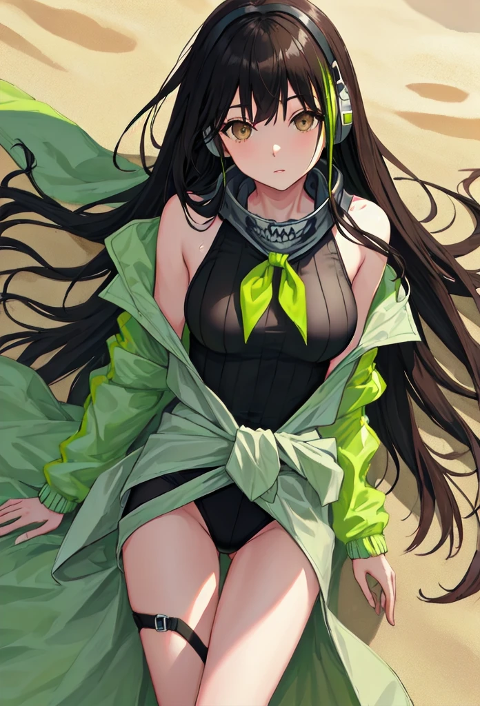 {safe:1.10}, best quality, masterpiece, highres, solo, {m4a1_girlsfrontline:0.90}, portrait, looking_at_viewermakeup, neckerchief, green armband, green one-piece sweater, black hair, long hair, (earphones), brown eyes, sand-colored windbreaker tied around the waist outdoors, at nig (in love), from above, black leotard, 