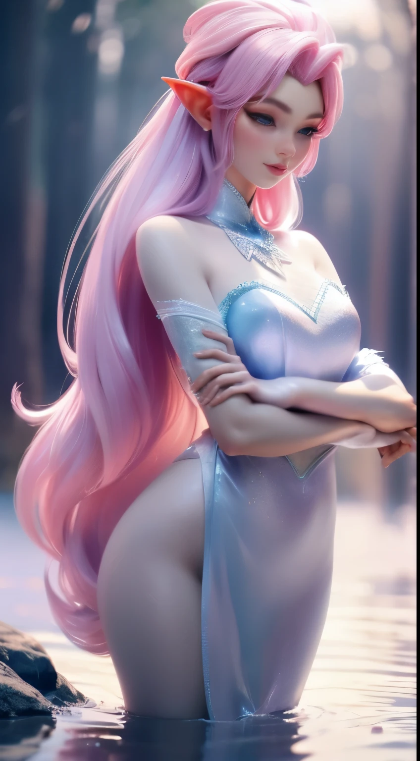 Elfgirl (rose quartz SU-Elsa frozen Disney Tinker waifu mezclando modelos .) (ultra FUSION of white and pink hair) Highly detailed CG unity 8k wallpaper, style shot, complex, high detail, dramatic, highest quality movie still image, very detailed, masterpiece, best quality, character design, Elsa, Elsa from Frozen,Fusion Pink Diamond (( Dark style)), realistic ultra-detailed rendering style, natural light, sharp character design, (hard focus, 8k), (((natural skin texture))), 8k textures, soft cinematic lighting, adobe lightroom, dark room, hdr, Sophisticated, Elegant, Rich Detail, Sharp Focuilm Look) )), Soothing Tones, Detail Frenzy, Intricate Detail, Super Detail, Low Contrast, Soft Film Lighting, Dull Colors, Exposure Blending, HDR, Fade, 35mm, f/1.4, ISO64, f16, 25 sec.