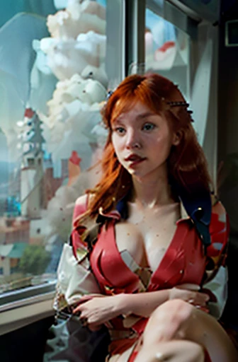 Absurd resolution, high resolution, (masterpiece: 1.4), hyper-detail, 1 young woman, short red hair, pilot suit, rich princess, sitting in an extremely narrow and closed mecha control room looking out the window, the window is the space universe can see the blue planet (1.5), the expression is excited, the mecha control room is in the universe