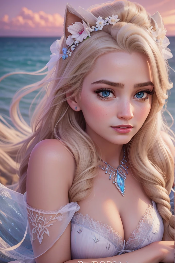 "(best quality,highres,masterpiece:1.2),ultra-detailed,(realistic,photorealistic,photo-realistic:1.37),elsa,elaborate crystal lingerie,sexy pose,flirting with camera on a beach paradise,portraits,vivid colors,warm tones,soft lighting,crystal reflection,gentle waves,sand textures,golden hour,romantic atmosphere"