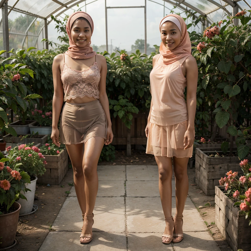 Realistic photo depicting 1 Indonesian girl in hijab, villager, poor girl, 52 years old, wearing peach color hijab jilbab, wearing see-through peach color lace camisole, wearing very short see-through peach color lace skirt, smiling, darker skin, curvier body, short body, long straight hair, standing alone in fruit greenhouse, facing the camera, full body, making it very realistic and detail