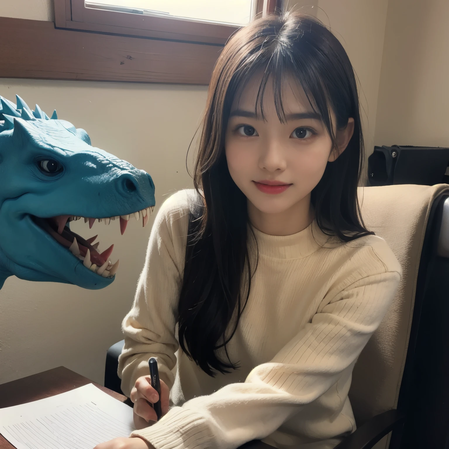 A young girl is having an adventure with a dinosaur