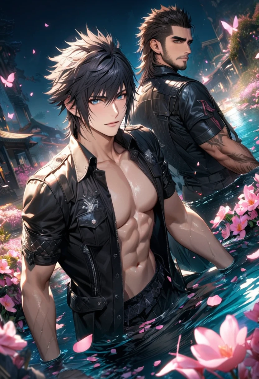 absurdres, highres, ultra detailed, HDR, master piece, best quality, Gladiolus, Final Fantasy xv, dark brown hair, vibrant brown eyes, black jacket, showing the chest, Noctis Lucis Caelum, black hair, vibrant blue eyes, 2 gay men together, handsome, water, pink petals, pink butterflies, pink flowers