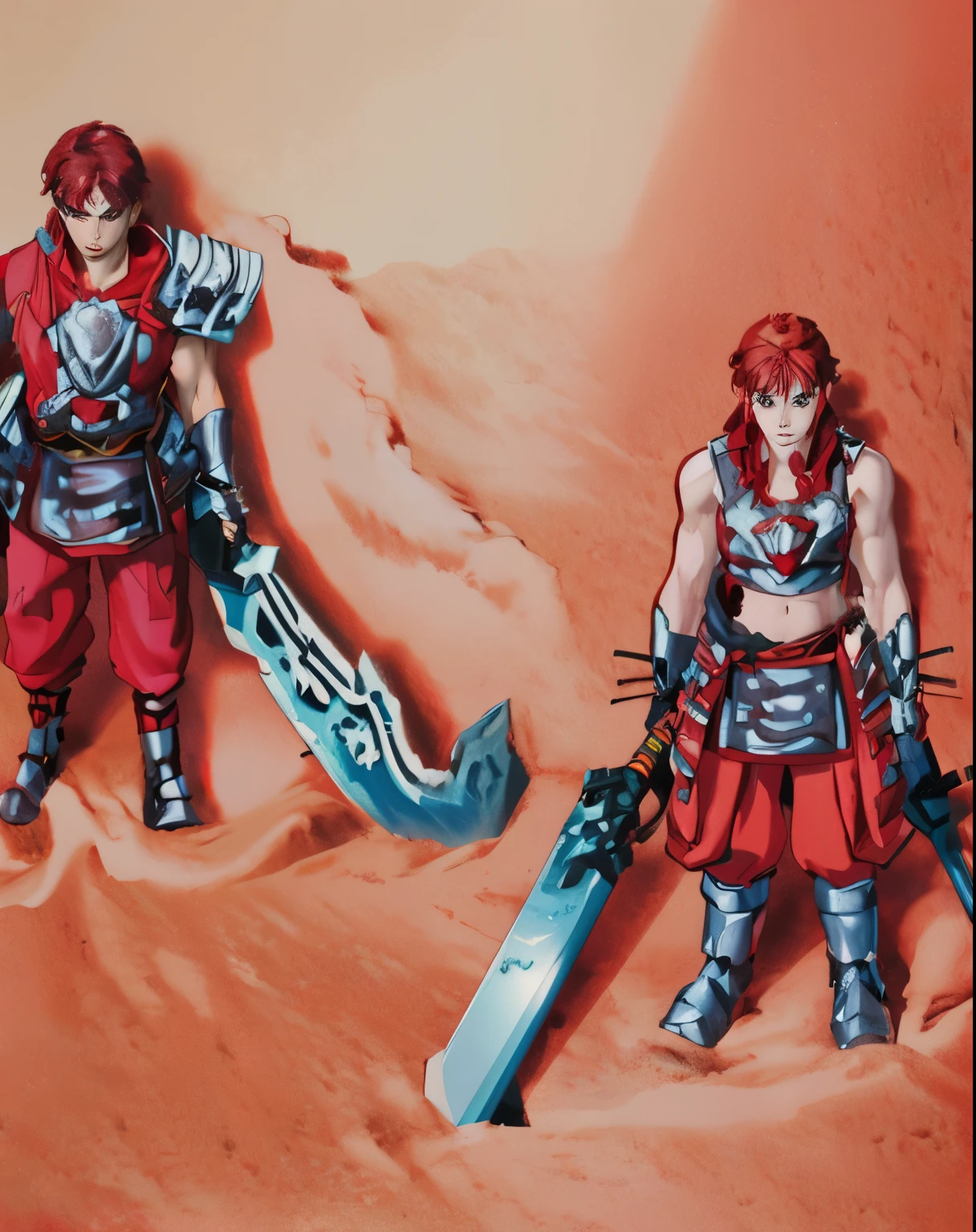 man with a sword, with a large sword, wielding a sword, scaled to high resolution, heavy gray metal armor, wearing red cloth, red pants, silver boots, red hair, bare abdomen, bare arms, handsome, strong