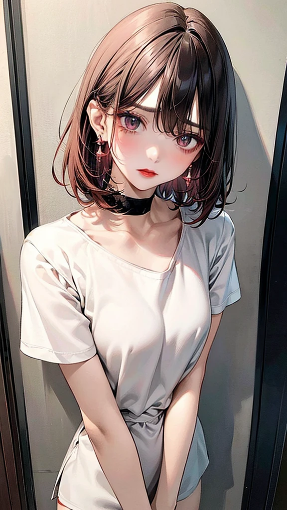 high resolution、high quality、full body figure、black eyes、short hair、High Layered Bob、girl、asymmetrical bangs、Light cream pink hair、white oversized t-shirt、shorts、slender body、low length、dark makeup、Highlighted red eyeshadow、Bright, dark eyeliner、Enhanced long eyelashes、droopy eyes、black eyes、Weakened eyes、slender、small breasts、delicate body、earrings、red lip、choker、Weakness system、Glaring eyes