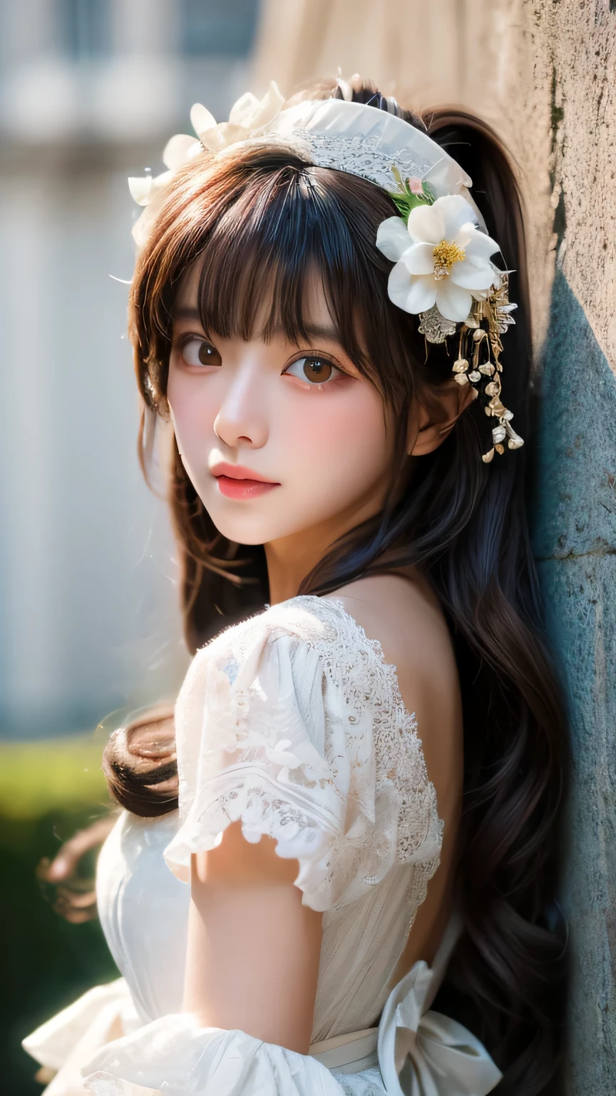 (Highest quality be familiar with:1.2), realistic, 8k eh, High resolution, fujifilm(medium format), hasselblad, carl zeiss, Incredible dynamic range photography(utility_art:Smooth-768:1.1), (1 girl:1.2), Super be familiar with, high quality texture, intricate details, be familiar with, Very be familiar with CG, high quality shadows, be familiar with beautiful and delicate face, Beautiful details and delicate eyes, written boundary depth, ray tracing, 30 years old, cute japanese girl, narrow side, glossy lips, glow eyes, perfect body, look at the audience, (jewelry/accessories), (Eye color is brown), (Red flower hair ornament), (white long hair), (layered hairstyles), (Black Gothic Lolita), White flowers bloom all over the wall