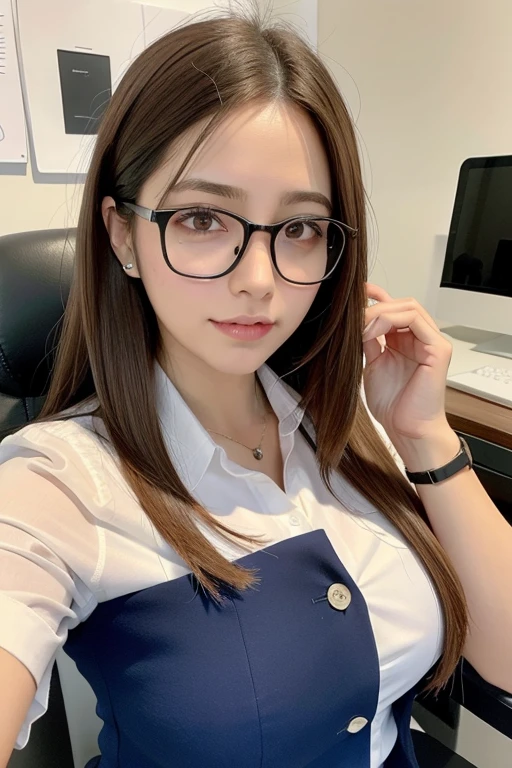 (Highest quality, 8K, 32k, masterpiece, Ultra-high resolution:1.2), 1 Girl, ((close:1.2)), Beautiful Japanese office lady, (smile:0.5), (Looking at the audience), Slightly thicker, Glasses, Grey suit, Grey mini skirt, Closed white shirt, Open jacket, Office Room, machine, (Huge breasts, Hips:1.2), Beautiful face in every detail, ponytail, From below,