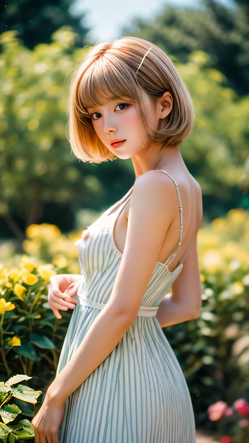 8K, Raw photo, fujifilm, Analog style photo of beautiful young woman like Avril (huge breasts) In the pale pink rose garden (highly detailed skin:1.2) Style - Petal BREAK short hair, Blonde hair with color streaks, dull bangs, wearing a dress, film grain, 35mm, cute style, cowboy shot, close