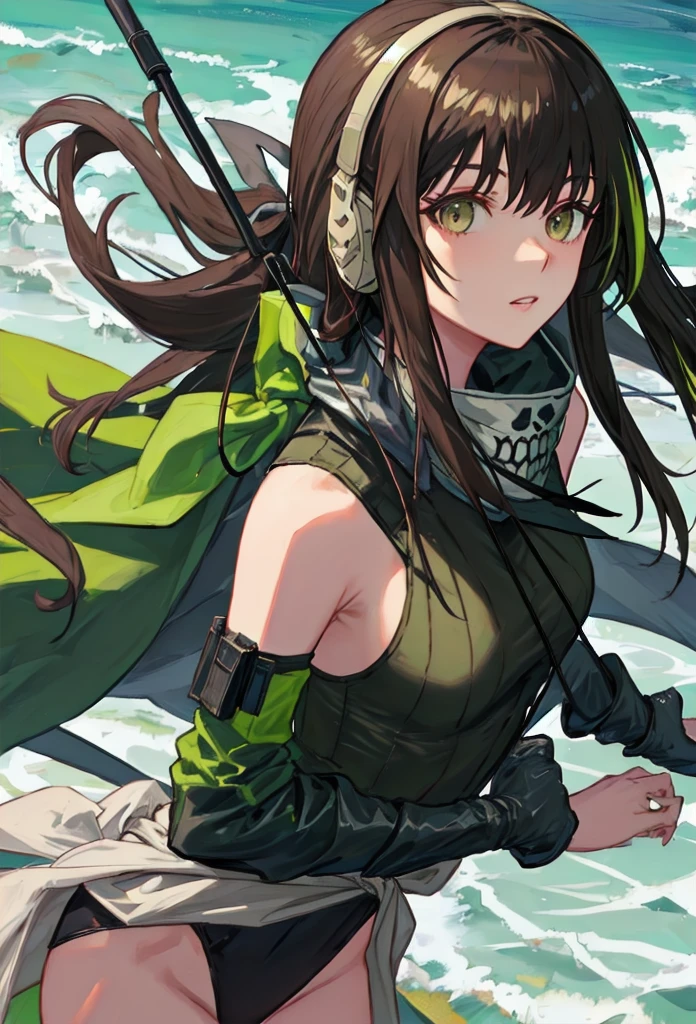 {safe:1.10}, best quality, masterpiece, highres, solo, {m4a1_girlsfrontline:0.90}, portrait, looking_at_viewermakeup, neckerchief, green armband, green one-piece sweater, black hair, long hair, (earphones), brown eyes, sand-colored windbreaker tied around the waist outdoors, at nig (in love), from above, black leotard, 