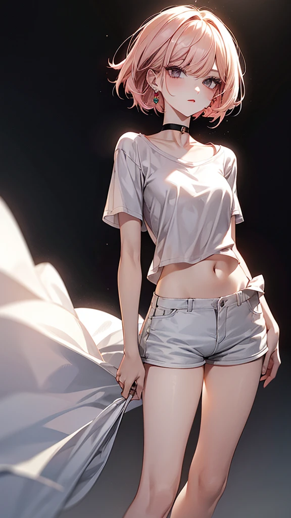 high resolution、high quality、full body figure、black eyes、short hair、High Layered Bob、girl、asymmetrical bangs、Light cream pink hair、white oversized t-shirt、shorts、slender body、low length、dark makeup、Highlighted red eyeshadow、Bright, dark eyeliner、Enhanced long eyelashes、droopy eyes、black eyes、Weakened eyes、slender、small breasts、delicate body、earrings、red lip、choker、