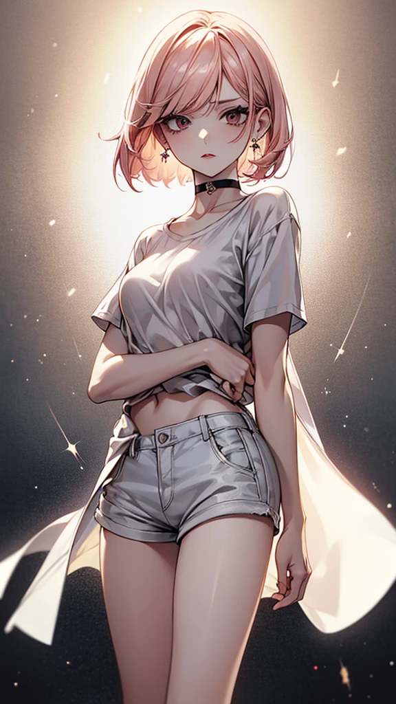 high resolution、high quality、full body figure、black eyes、short hair、High Layered Bob、girl、asymmetrical bangs、Light cream pink hair、white oversized t-shirt、shorts、slender body、low length、dark makeup、Highlighted red eyeshadow、Bright, dark eyeliner、Enhanced long eyelashes、droopy eyes、black eyes、Weakened eyes、slender、small breasts、delicate body、earrings、red lip、choker、