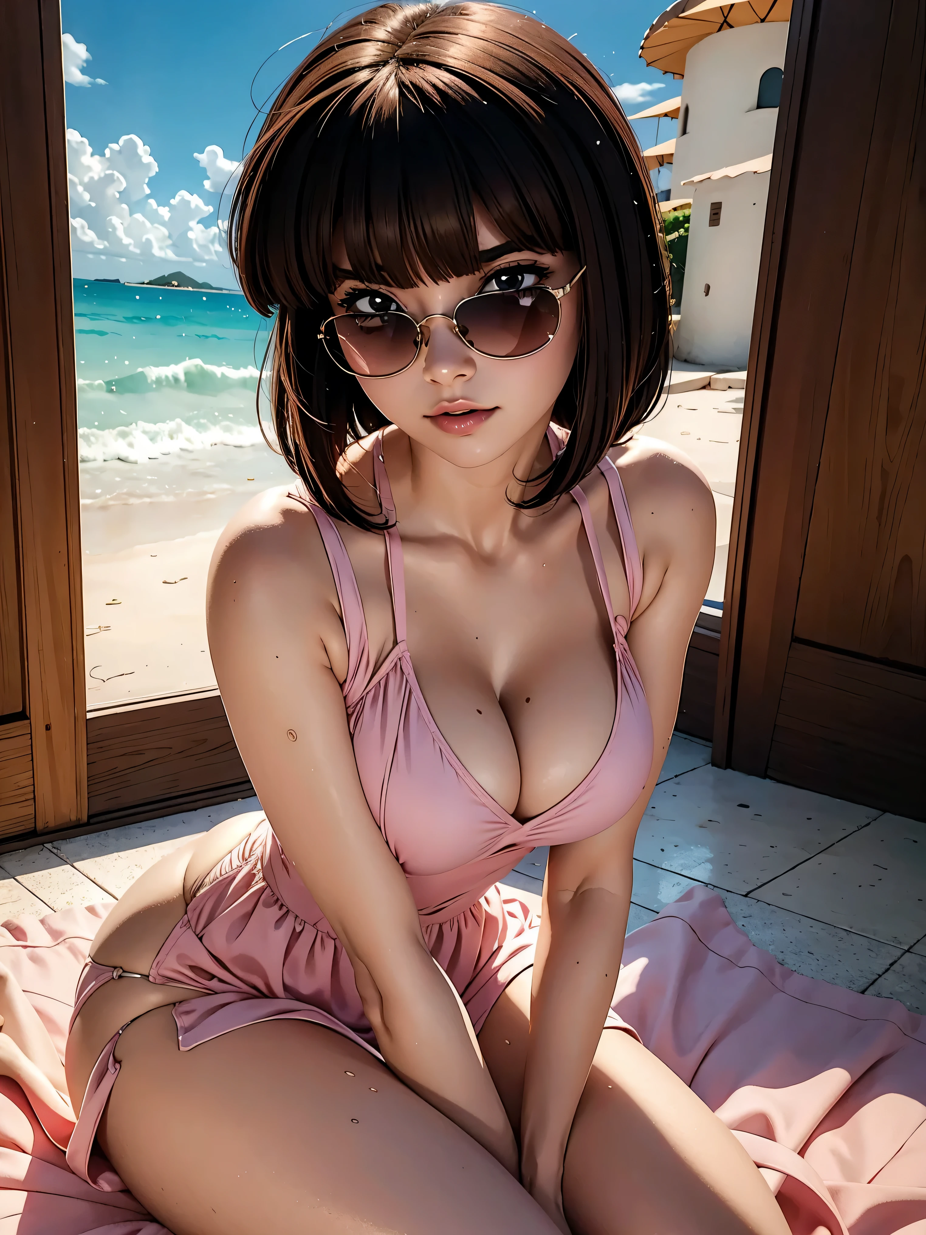 Short brown hair anime girl with pink dress and sunglasses, sunglasses, 15 anos, corpo bonito, seios grandes, with hands behind head, running your hands through your hair, Garota sexy, cabelo curto castanho, mechas de cabelo laterais, mechas de cabelo na lateral do rosto, beautiful lighting, sombras suaves, olhos castanhos, pernas bonitas, cabelo curto, estilo anime, Ranma Chan, Autora Rumiko Takahashi, Baseado em obra de Rumiko Takahashi, Anime Ranma 1/ 2, decote sexy, quadril robusto, corpo inteiro, corpo inteiro, busto grande, garota jovem com corpo belo e bonito, boots on feet, garota 15 anos jovem baixa estatura, wearing a pink dress and sunglasses, sunglasses, garota anime, estilo anime, feet with black boots, front view angle, ao ar livre, postura sentada com pernas cruzadas, sitting on the floor, olhos grandes