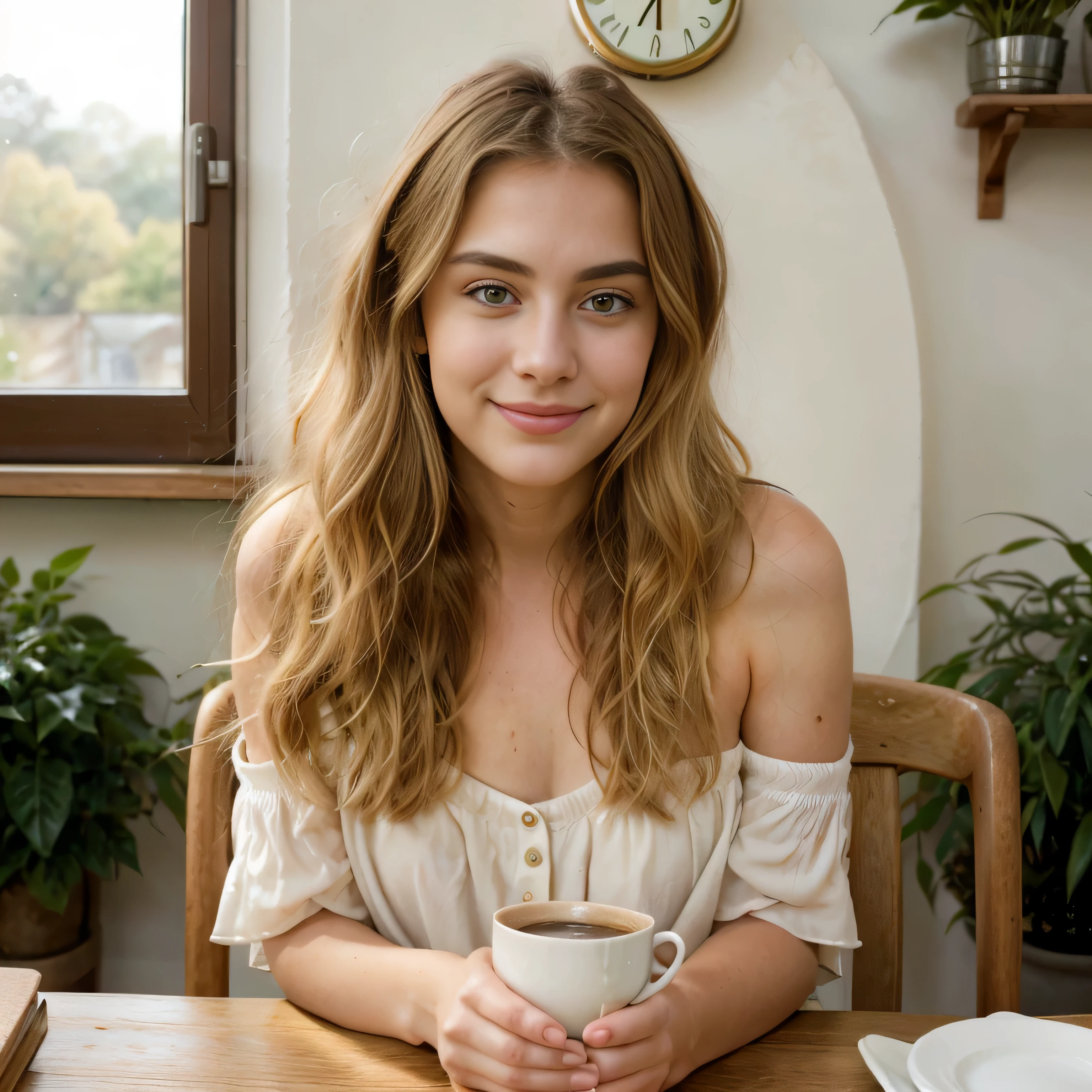 Create a highly detailed, photorealistic image of an 18-year-old female influencer exuding a natural, sweet demeanor, with an effortlessly chic style. The setting is a cozy café interior during the golden hour, where the ambient, warm sunlight gently filters through large windows, illuminating her and creating a soft halo effect in her wavy blonde hair. She is seated at a rustic wooden table near the window, with a backdrop that includes a small, vibrant green plant and a cup of artisanal coffee, emphasizing a warm, inviting atmosphere.

Her attire consists of a light-colored, delicate blouse with a subtle floral pattern, slightly off-shoulder to add a playful yet modest charm. Her makeup is minimal, highlighting her natural beauty and her striking green eyes that sparkle with warmth, friendliness, and a hint of playful mischief. She wears a soft, genuine smile, inviting the viewer into her world.

Her wavy blonde hair, with sun-kissed highlights, cascades over her shoulders, framing her face and drawing attention to her green eyes and the soft contours of her cheeks. In her hand, she holds a vintage-style camera, signaling her creative side and a passion for capturing meaningful moments. The image composition should balance and harmonize the elements, with a shallow depth of field focusing sharply on her, softening the background to accentuate her presence and the intimacy of the moment. This image should not only showcase her physical beauty but also convey her vibrant spirit, creativity, and the simple joys that define her life, creating a compelling narrative that resonates with her audience.