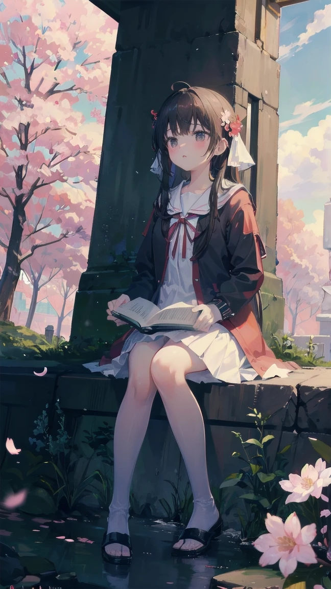 見上げるgirl シーン 1: Shadow of cherry blossoms at dusk A girl standing quietly with the sky behind her, Tinted Blue. 彼女の目の前にそびえ立つのはバベルのtowerと呼ばれる巨大な桜だ. shape, Like piercing the clouds, It'nice'Reaching the sky. girl'視線はCherry treeの頂上に向けられている.. tower, Enveloped in the darkness of the night, Creates a fantastic atmosphere. Cherry treeの表面には複雑な模様が刻まれている.. old-fashioned. girl seemed to sense something deep within the cherry blossoms.. Is it a memory of a classic story?、Or is it a longing for an unknown fantasy world??? Scene 2: Memories of the starry sky: Countless stars twinkle in the night sky、少女はtowerの頂上に立つ. At her feet, The city lights shine like jewels. girl ,takes a deep breath. 夜風の匂いとtowerの古い匂いが混じる. girl'A famous story played out in my head.. girl read a story of adventure and friendship.。 . The main character of the story, girlのように, バベルのtowerに登りました. There, She met her friends、Overcoming various difficulties. one day、The girl had a dream。, Like the main character, I'Go on an adventure. Scene 3: 朝焼けの約束 朝日の光がtowerを照らす頃、少女はtowerを出た. Please think back, towerは朝日に輝いて神々It even seemed. 少女はいつかまたこのtowerに登ると決めた. And she, She vows to tell the rest of the story. step by step, girl walked into the future,Cherry tree,Scattering cherry blossoms,face close up,looking at me,meteor,sitting