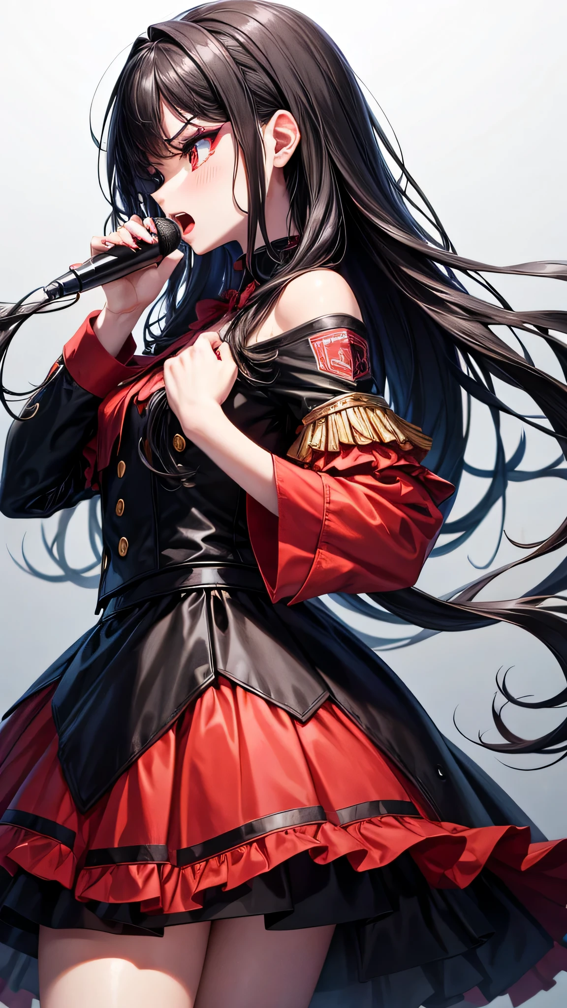 perfect anatomy, masterpiece:1.4, best quality, 8k, beautiful detailed grow, daydreaming expression, in the rap battle stage, ((Rap Battle style)) (hand holding mike gripping mike), break, profile (solo curly:1.2 black hair long hair evil:1.3 girl, 15 yo, cute red eyes, (((make-up))) face, angry:1.2 face, blush:1.2, Screaming open mouth), break, (in a evil dj style uniform).