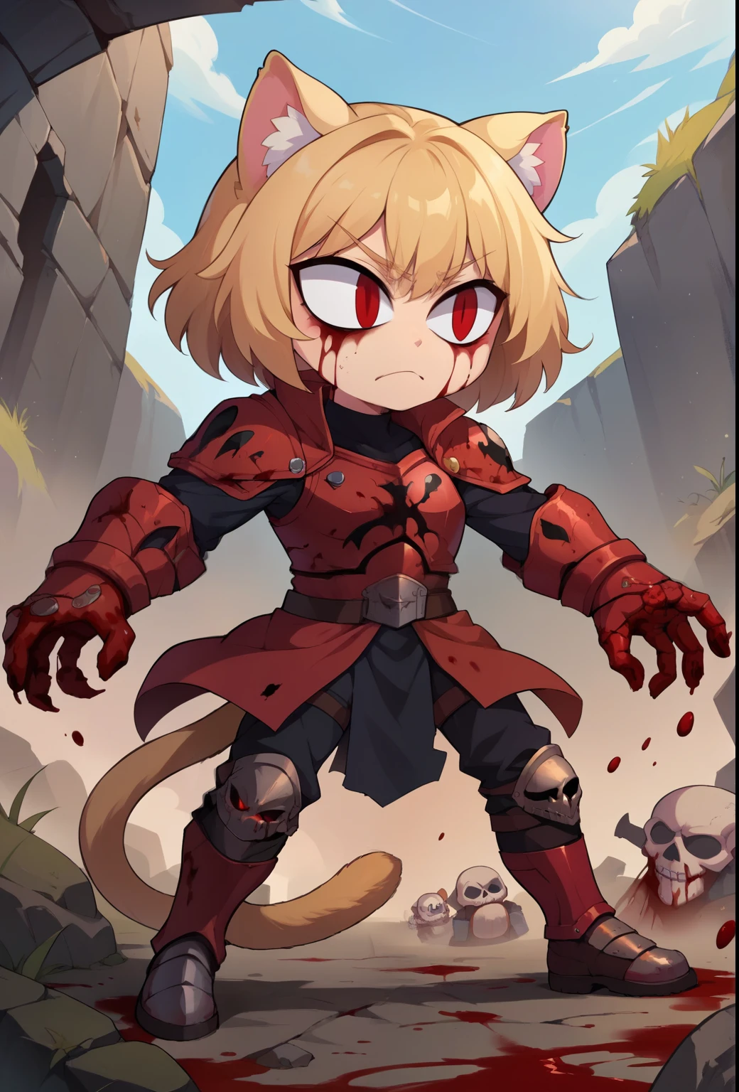 score_9, score_8_up, score_7_up, score_6_up,score_5_up,score_4_up, BREAK dripjacket, own hands together,necoarcslit pupils, chibi, :3cat ears, blonde hair, red eyes, young khornate berzerker covered in blood, blood on face, blood on armor, battlefield, pile of skulls, full shot,