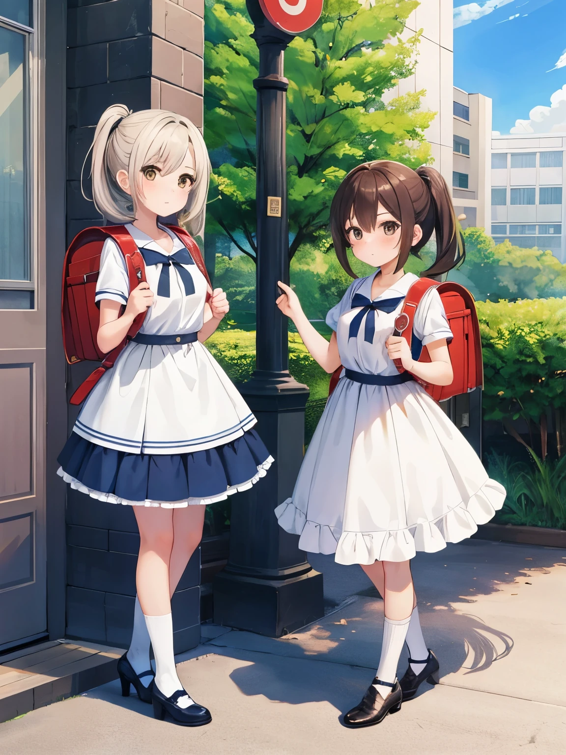 masterpiece, best quality, high resolution, extremely detailed, detailed background, cinematic lighting, 2 girl, photo of 2 girl, couple of girl, looking at viewer, wear high heels,wear long socks, wear white dress, small breasts, medium hair, ponytail, full body, wearing randoseru backpack, (randoseru backpack:1.1), brown eyes, brown hair, wear long socks, wear high heels, wear blue dress, wear pink randoseru backpack (randoseru backpack:1.0), dappled sunlight, day, standing, park background, city girl, fullbody