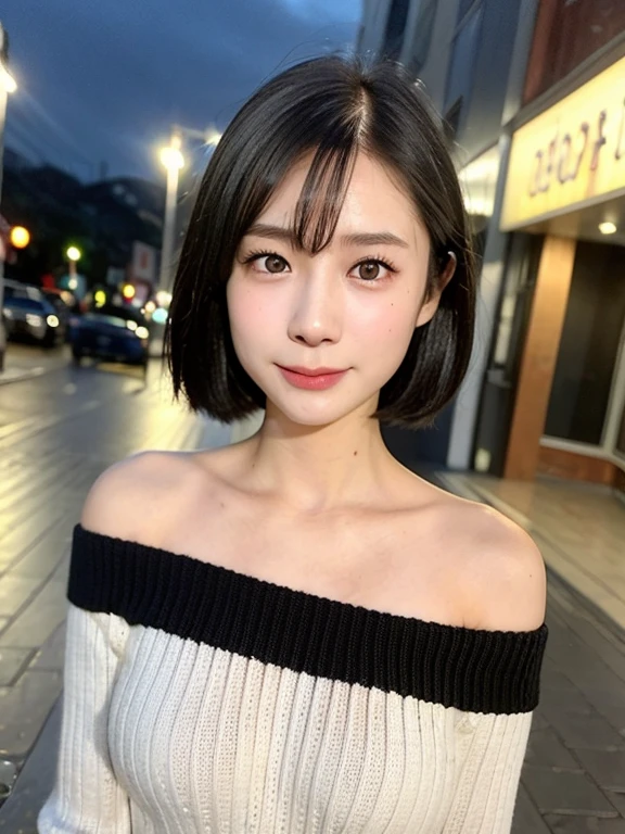(kawaii 24 year-old Japanese girl, Nogizaka idol, Korean idol), (glossy black hair, pixie cut:1.3), (rounded face, single eyelid, no makeup, soft smiling:1.2), forehead, (wearing off-shoulder knitted sweater:1.3), (well shaped extra small breasts), (looking at viewer:1.2), BREAK, (at night street in downtown background:1.3), (dynamic angle:1.3), BREAK, (masterpiece, best quality, photo realistic, official art:1.4), (UHD, 8K quality wallpaper, high resolution, raw photo, film grain:1.2), (shiny skin), professional lighting, physically based rendering, award winning, (perfect anatomy, highly detailed skin textures, extremely detailed face and eyes, well drawn glittering pupils), Carl Zeiss 85 mm F/1.4, depth of field, 1girl, solo,