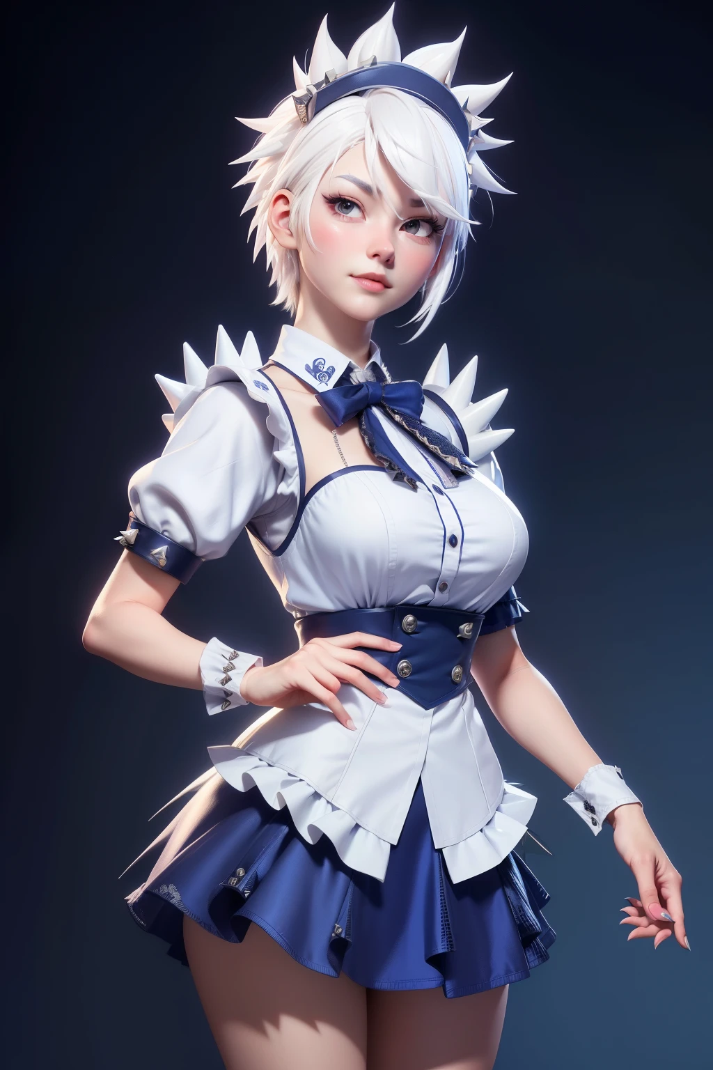 ((16 Night Sakiya)), ((Oriental Project)), role play, 20 year old female, (((white hair)), ((medium spiky hair)), ((blue maid outfit)), ((White shirt)), Medium chest, (Light)))), (posture))), (Realistic photos: 1.3), rim Lighting, (High detail skin:1.2), 8K Ultra HD, DSLR camera, high quality, High resolution, 4K, 8K, Bokeh, absurd, The optimal ratio of four fingers to one thumb, (real:1.3), cutest 1 girl, many knives